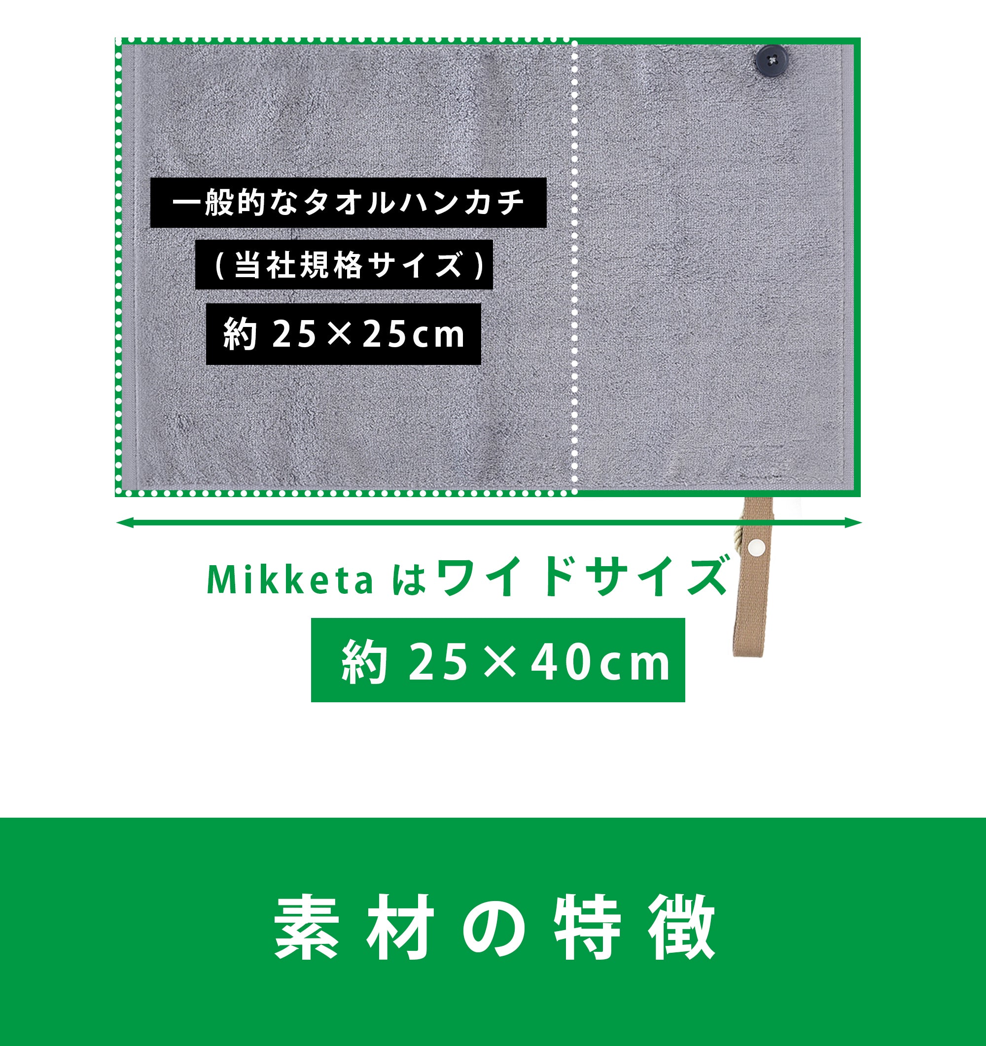 Mikketaはワイドサイズ。約25×40cm。素材の特徴。